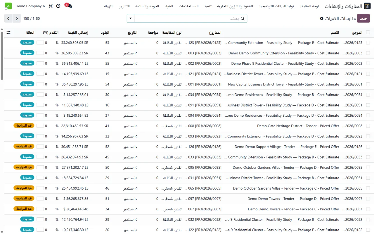 عرض توضيحي لواجهة المقاولات: العطاءات والبنود وهيكل الأعمال